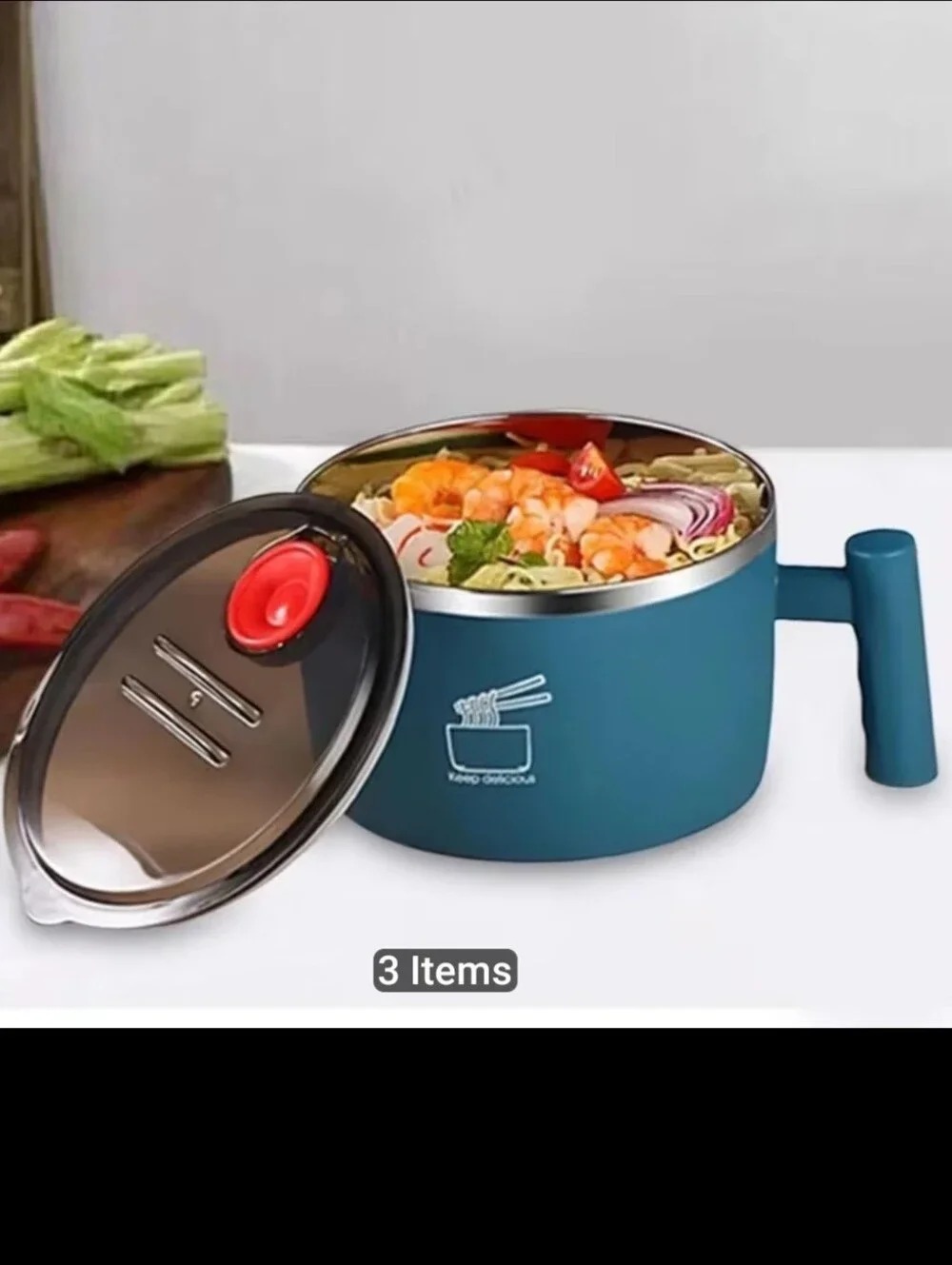 Blue Stainless Steel Noodle Bowl with Handle and Steam Vent